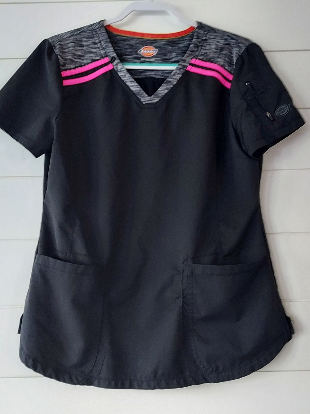 Dickies Black V-Neck Scrub Top with Pink Accents